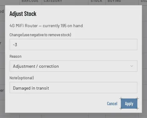 The Adjust Stock window for 4G MiFi Router, currently 195 on hand: a change of -3, reason Adjustment / correction, and the note Damaged in transit.