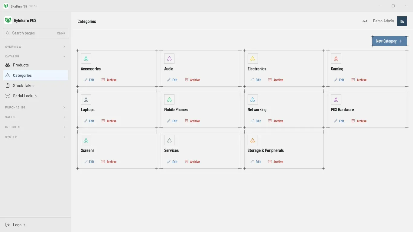 The Categories screen: a card for each category, such as Accessories, Audio and Laptops, each with Edit and Archive.