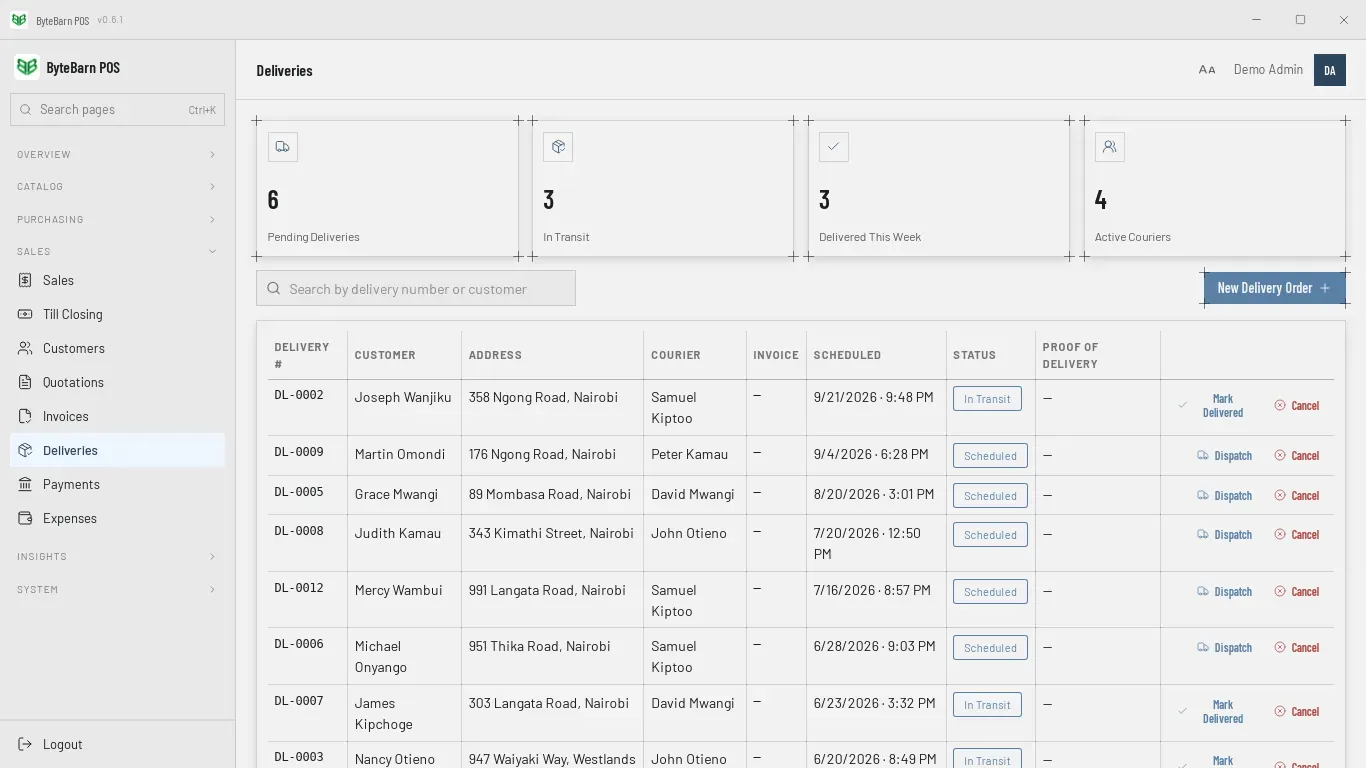 The Deliveries screen: delivery orders with customer, address, courier, scheduled time, status and proof of delivery, and Dispatch, Mark Delivered and Cancel actions.