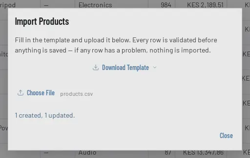 The Import Products window after uploading products.csv, reporting 1 created, 1 updated.