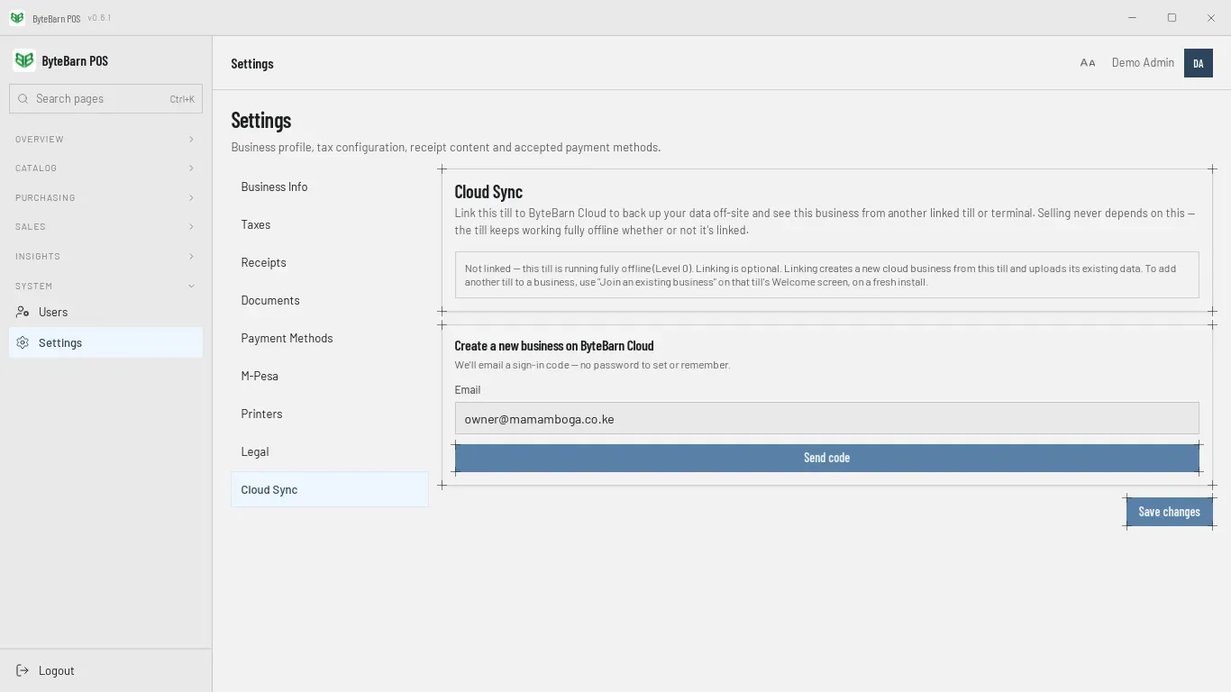 Settings, Cloud Sync, while not linked: the explanation that linking is optional, and the Create a new business on ByteBarn Cloud form with an email entered and a Send code button.
