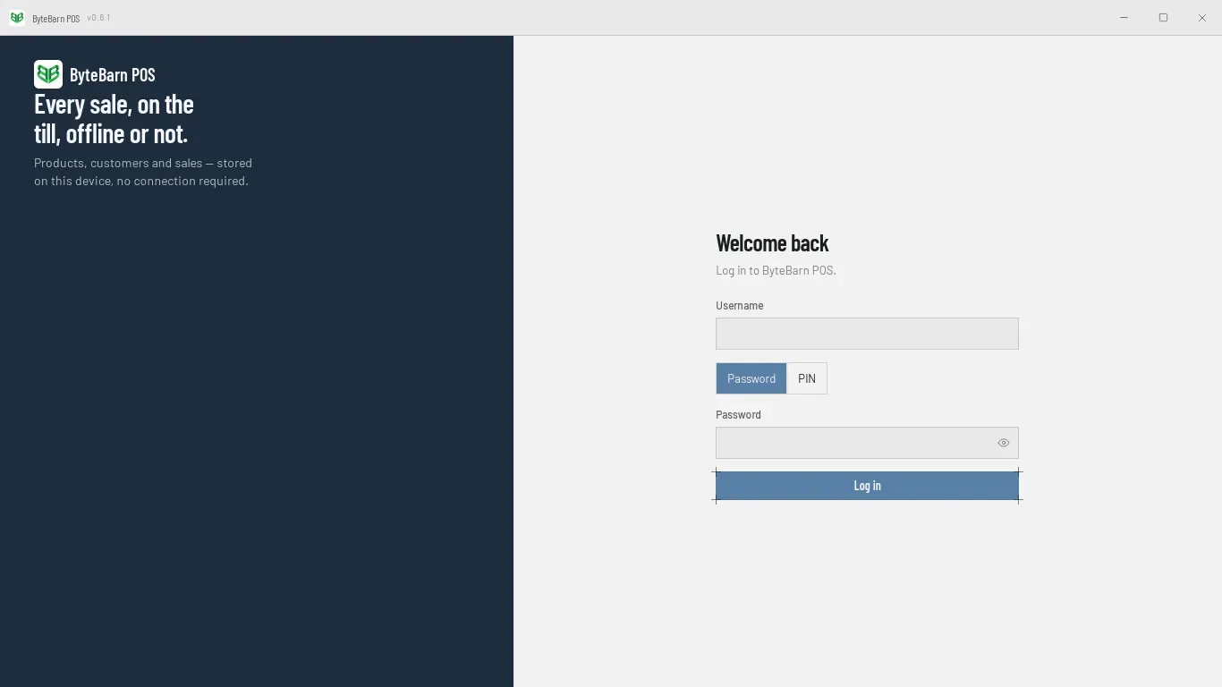 The ByteBarn POS login screen: a Username field, a choice between Password and PIN, a Password field and a Log in button.