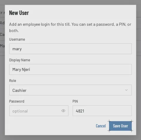 The New User window filled in for Mary Njeri, username mary, role Cashier, with a PIN set.