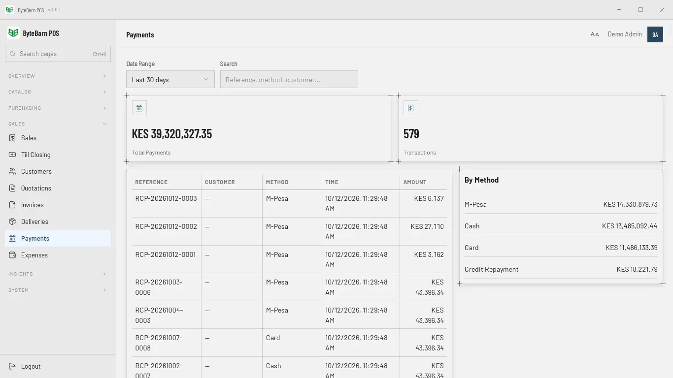 The Payments screen: total payments and the number of transactions for the last 30 days, and the payment history with reference, customer, method, time and amount.