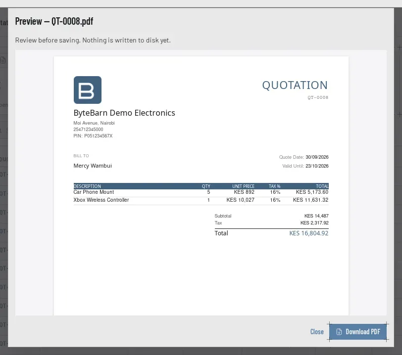 A quotation's PDF preview: the business logo, name, address, phone and PIN at the top, the customer under Bill To, the quote and valid-until dates, the item table, subtotal, tax and total, and a footer line.
