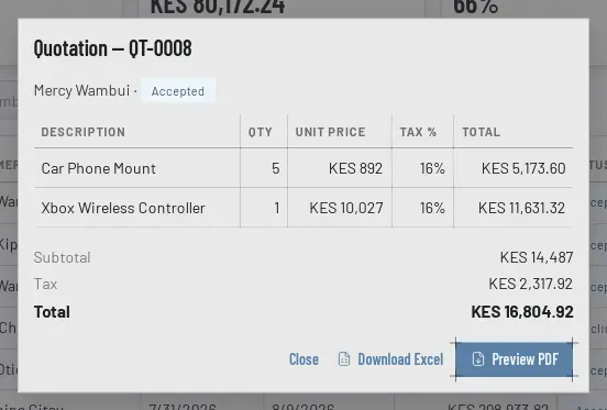 A quotation's details: the customer and status, its lines with quantity, unit price, tax and total, the subtotal, tax and total, and Download Excel and Preview PDF.