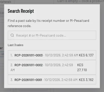 The Search Receipt window, with a search box for a receipt number or M-Pesa or card code, and the three most recent sales listed below it.
