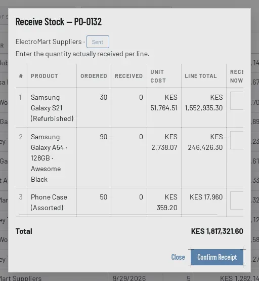The Receive Stock window for a sent purchase order: each line with what was ordered, what's been received so far, the unit cost and a Receive Now box, and a Confirm Receipt button.