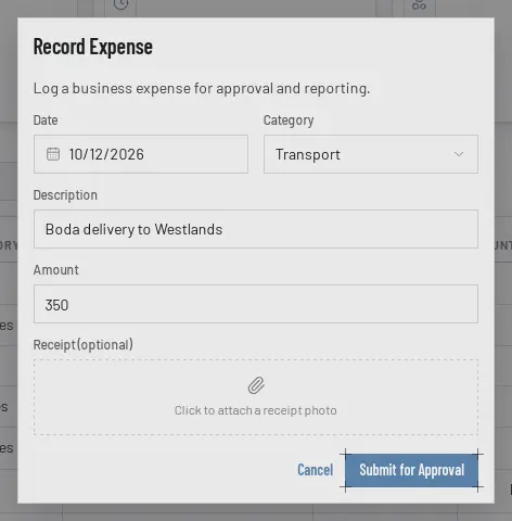The Record Expense window: category Transport, description Boda delivery to Westlands, amount 350.