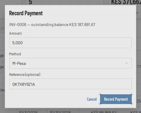 The Record Payment window for an invoice: amount 5,000, method M-Pesa, reference QK7X8Y9Z1A.