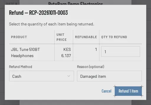 The Refund window for a sale of one pair of JBL Tune 510BT headphones at KES 6,137: one to refund, Cash chosen as the refund method, and Damaged item as the reason.