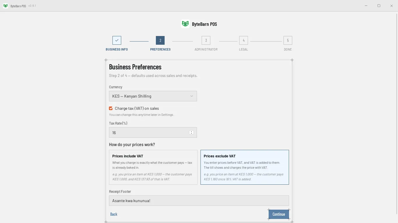 Step 2 of setup, Business Preferences: currency KES, Charge tax (VAT) on sales ticked, tax rate 16, the two price options with Prices exclude VAT selected, and the receipt footer Asante kwa kununua!