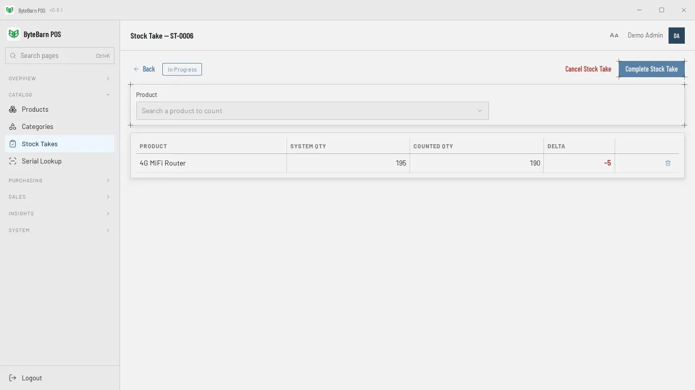 A stock take in progress: 4G MiFi Router with a system quantity of 195, a counted quantity of 190, and a delta of -5.