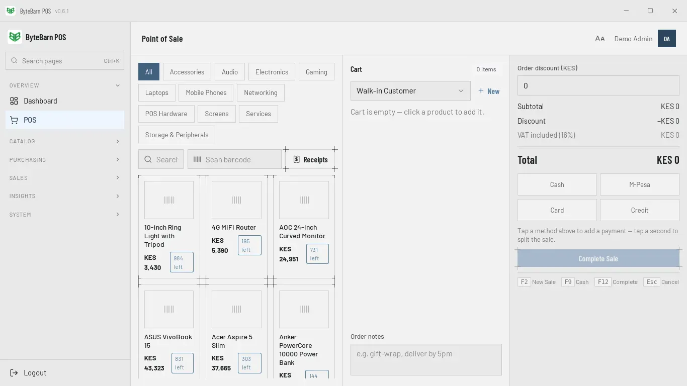 The Point of Sale screen at Large text size on a 1366 by 768 screen: category buttons, three columns of products with prices in whole shillings, the cart, and the payment buttons.