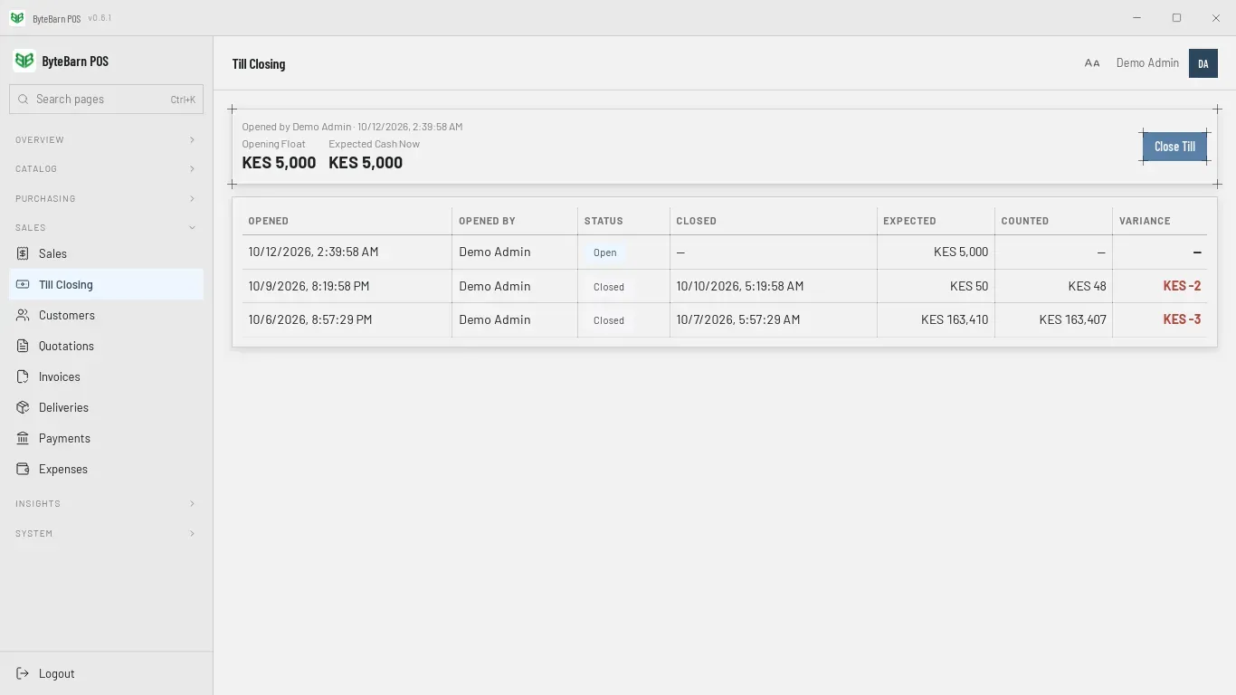 Till Closing with a till open: opened by Demo Admin, an opening float of KES 5,000, KES 5,000 expected cash now, a Close Till button, and the history of earlier sessions below.
