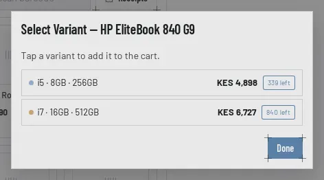 The Select Variant window for HP EliteBook 840 G9, listing two variants: i5, 8GB, 256GB at KES 4,898 with 339 left, and i7, 16GB, 512GB at KES 6,727 with 840 left.