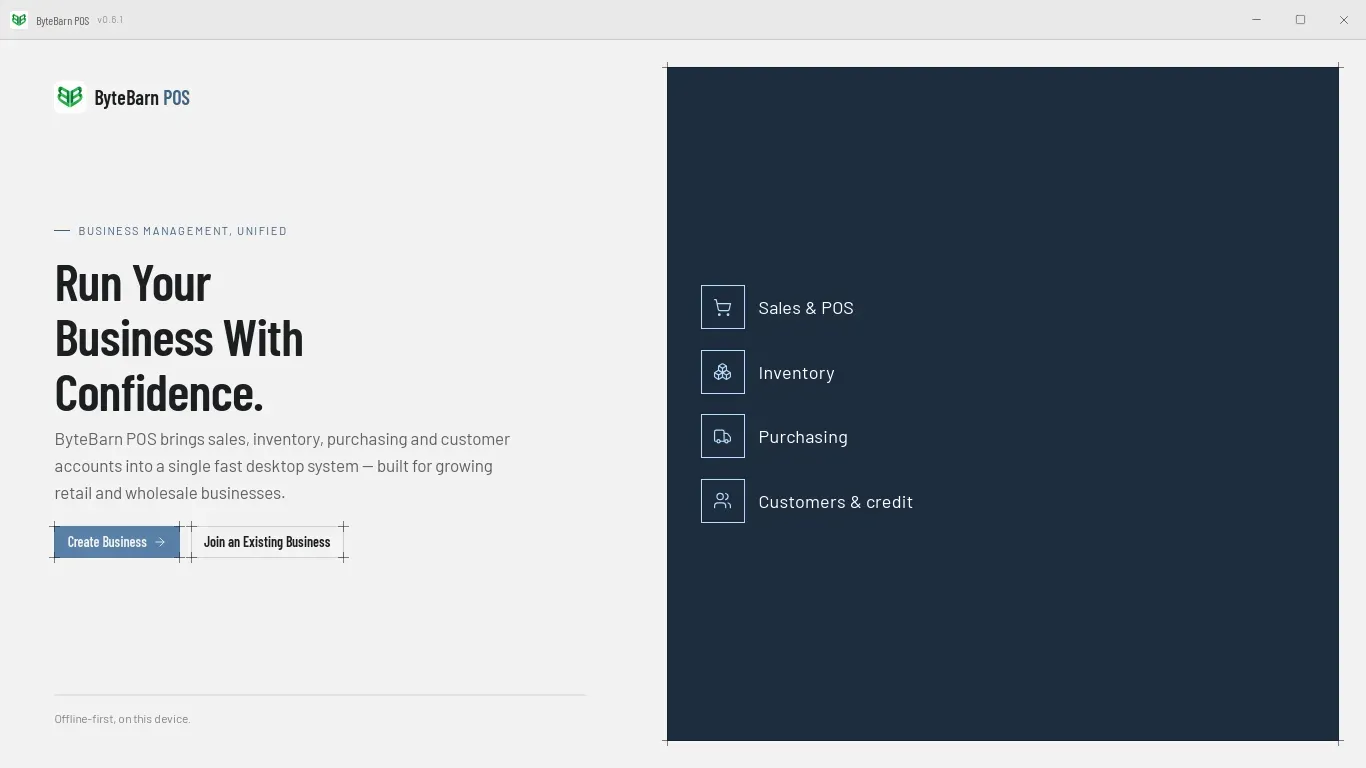 The ByteBarn POS welcome screen, with Create Business and Join an Existing Business buttons.