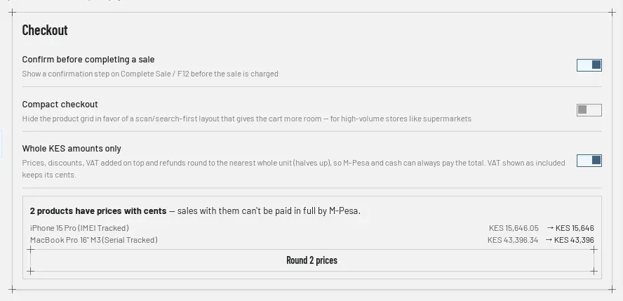 Settings, Payment Methods, Checkout: Whole KES amounts only is on, and below it two products have prices with cents, KES 15,646.05 becoming KES 15,646 and KES 43,396.34 becoming KES 43,396, with a Round 2 prices button.